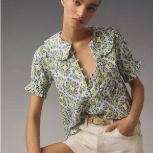 The Keira Collared Button-Front Blouse by Pilcro Blue and Green Floral S